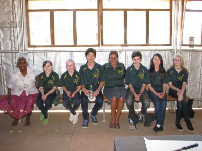 Left to right: Mavis Malbunka (President, Ntaria School Committee), Olivia McDacy, Katie Philipson, Young Hoon Oh, Alison Nararula Anderson MLA, Gaston Armand, Kelly Choo, Jessica Ramsey at Kutju Day, 24 August 2011, Hermannsburg NT